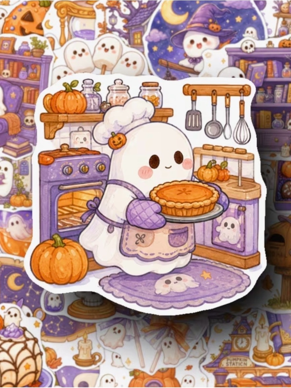 50 Halloween Cute Ghost Stickers Purple Orange Reading Baking Cleaning Desserts - Picture 4 of 16